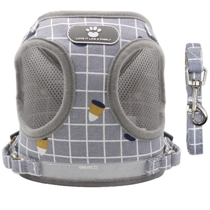 Set Ham/Lesa GREATON Cu Vesta Captusita, Pentru Caini De Talie Mica Sau Pisici, Material Respirabil, Banda Reflectorizanta, Marimea L, Gri