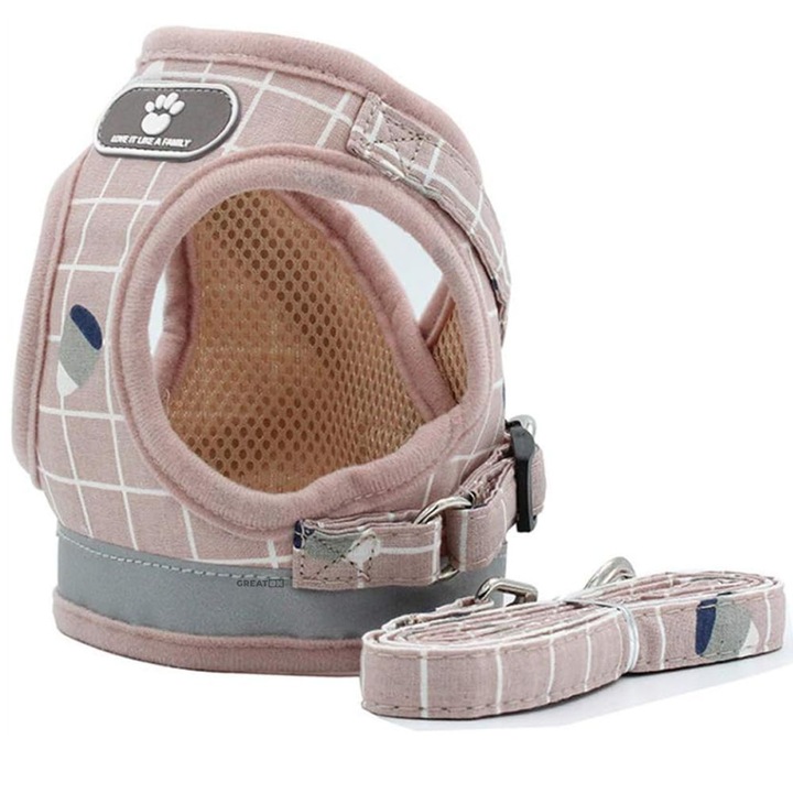 Set Ham/Lesa GREATON Cu Vesta Captusita, Pentru Caini De Talie Mica Sau Pisici, Material Respirabil, Banda Reflectorizanta, Marimea M, Roz