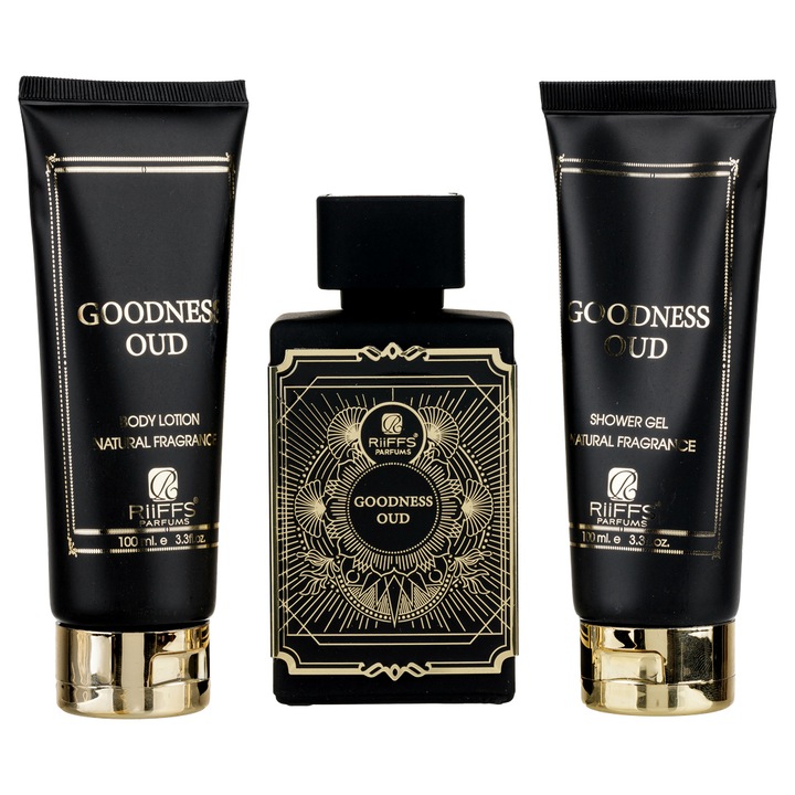 Подаръчен комплект Goodness Oud парфюмна вода 100 мл, душ гел 100 мл и лосион за тяло 100 мл, Riiffs