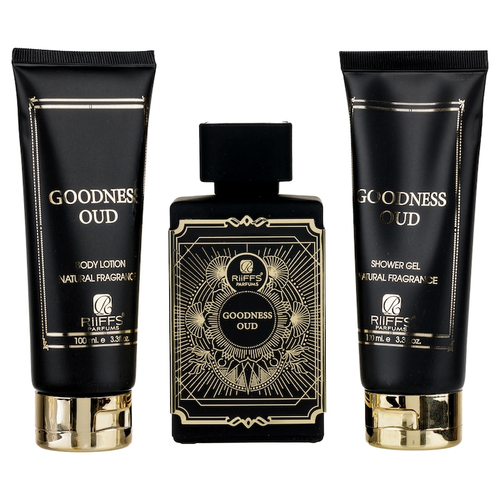 Подаръчен комплект Goodness Oud парфюмна вода 100 мл, душ гел 100 мл и лосион за тяло 100 мл, Riiffs