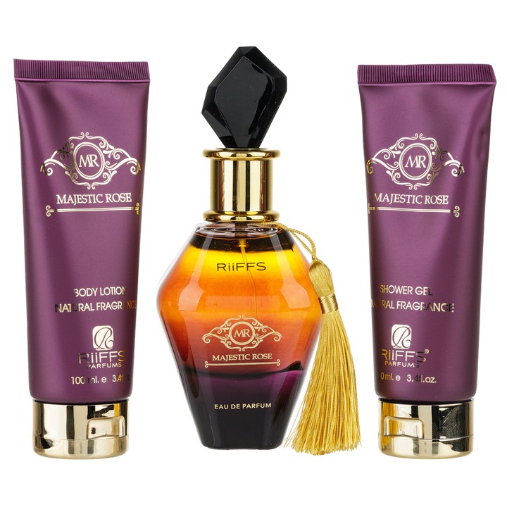 Ajándékkészlet Majestic Rose parfüm 100 ml + tusfürdő 100 ml + testápoló 100 ml, Riiffs