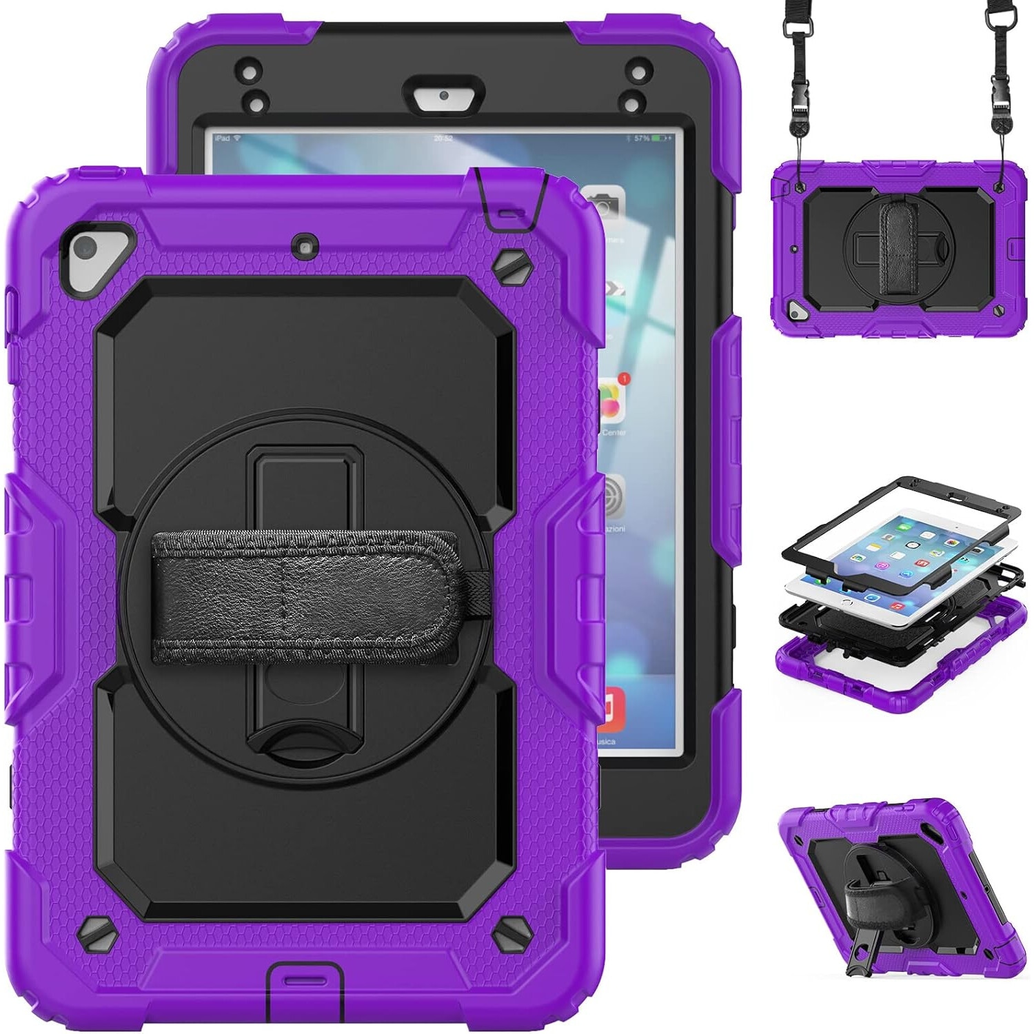 Husa tableta, pentru iPad 9.7inch, mov/negru, cu suport si curea reglabila, trei straturi de protectie