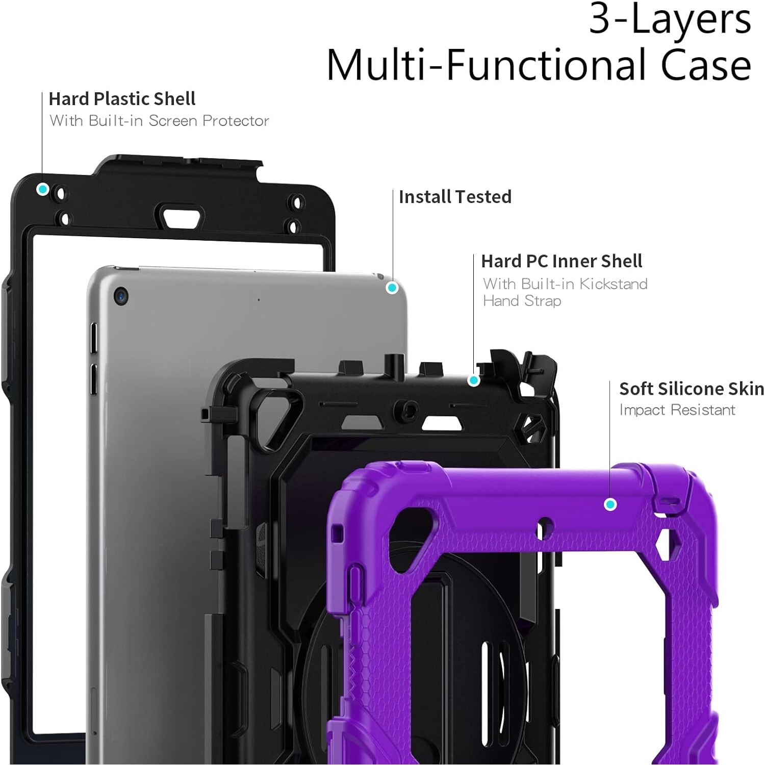 Husa tableta, pentru iPad 9.7inch, mov/negru, cu suport si curea reglabila, trei straturi de protectie