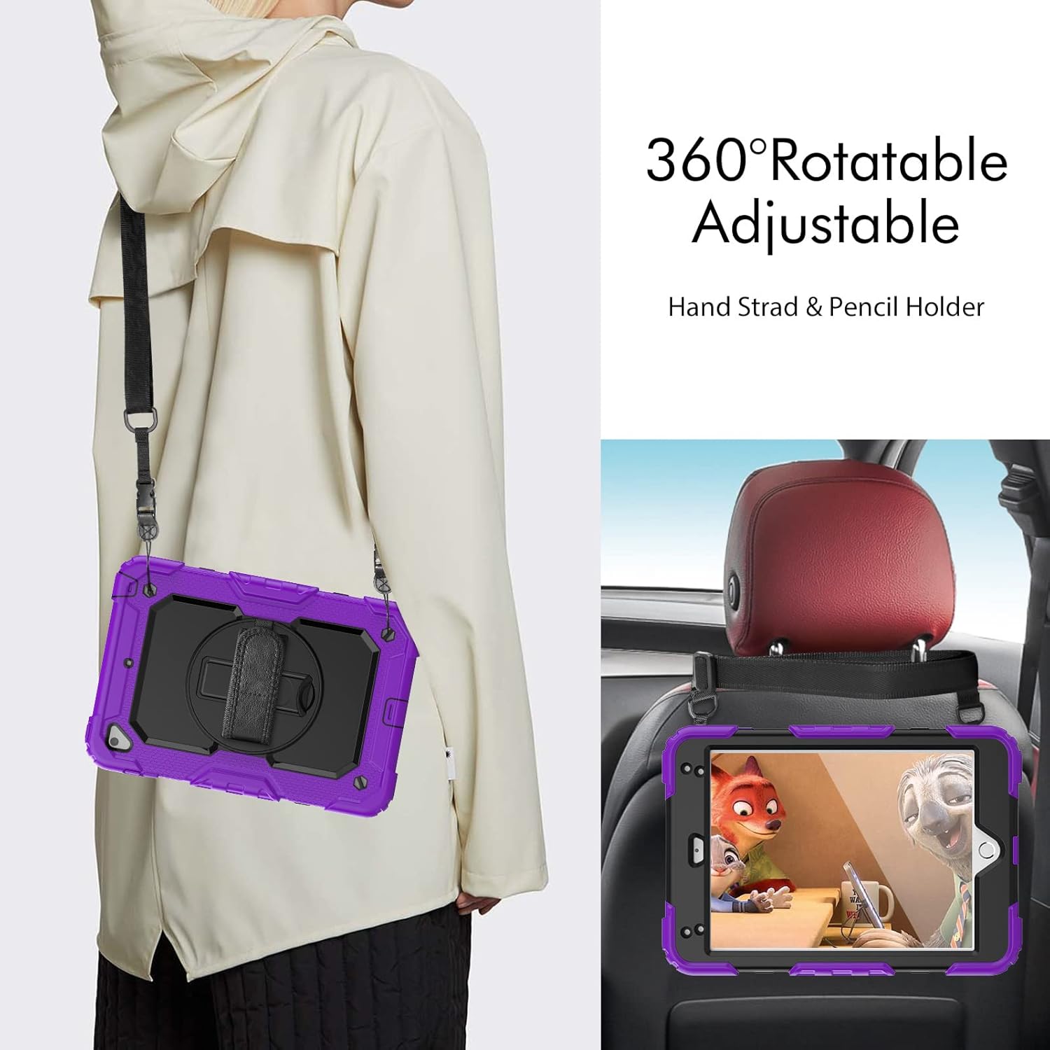 Husa pentru iPad Pro 10.5"/Air3, violet, suport rotativ 360, curea de umar