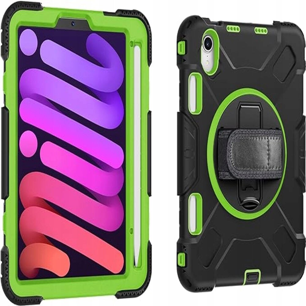 Husa pentru iPad Mini 6 (2021) 8,3", cu suport rotativ, 3 straturi de protectie, negru-verde