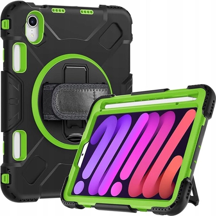 Husa pentru iPad Mini 6 (2021) 8,3", cu suport rotativ, 3 straturi de protectie, negru-verde