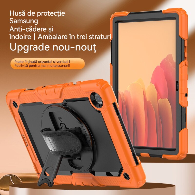 Husa Antisoc Cu Curea De Mana Pentru Samsung Galaxy Tab A9 De 8,7 inchi. (Model: SM-X115), Fudisenn，Cu capac pentru stilou，Rotire La 360°, procesul de gofrare，Portabil， 2023 (Negru PC Portocaliu)，26.8×17.9×2.1cm