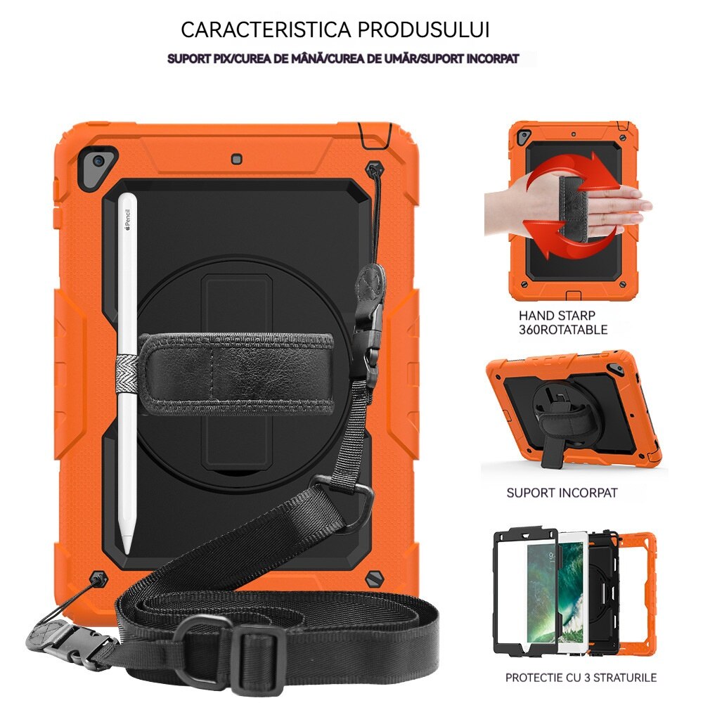 Husa Antisoc Cu Curea De Mana Pentru Samsung Galaxy Tab A9 De 8,7 inchi. (Model: SM-X115), Fudisenn，Cu capac pentru stilou，Rotire La 360°, procesul de gofrare，Portabil， 2023 (Negru PC Portocaliu)，26.8×17.9×2.1cm