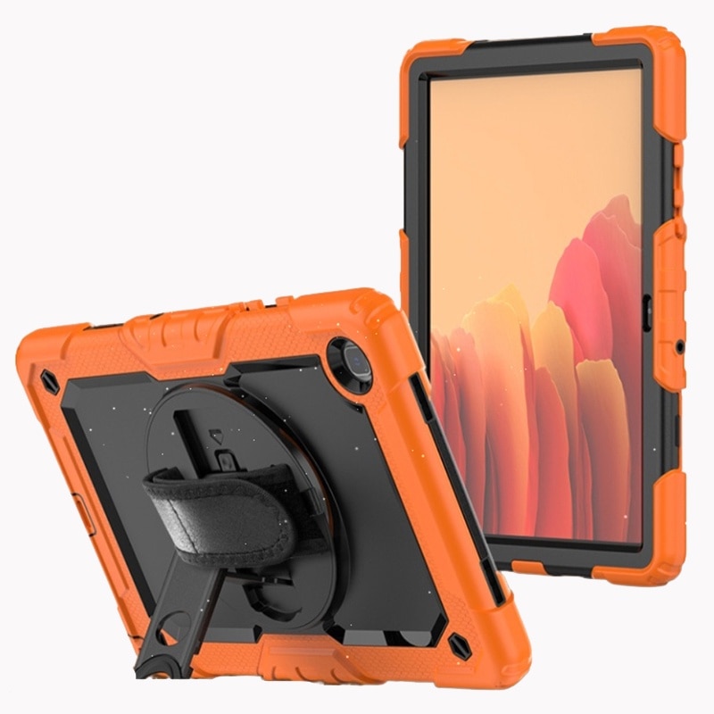 Husa Antisoc Cu Curea De Mana Pentru Samsung Galaxy Tab A9 De 8,7 inchi. (Model: SM-X115), Fudisenn，Cu capac pentru stilou，Rotire La 360°, procesul de gofrare，Portabil， 2023 (Negru PC Portocaliu)，26.8×17.9×2.1cm