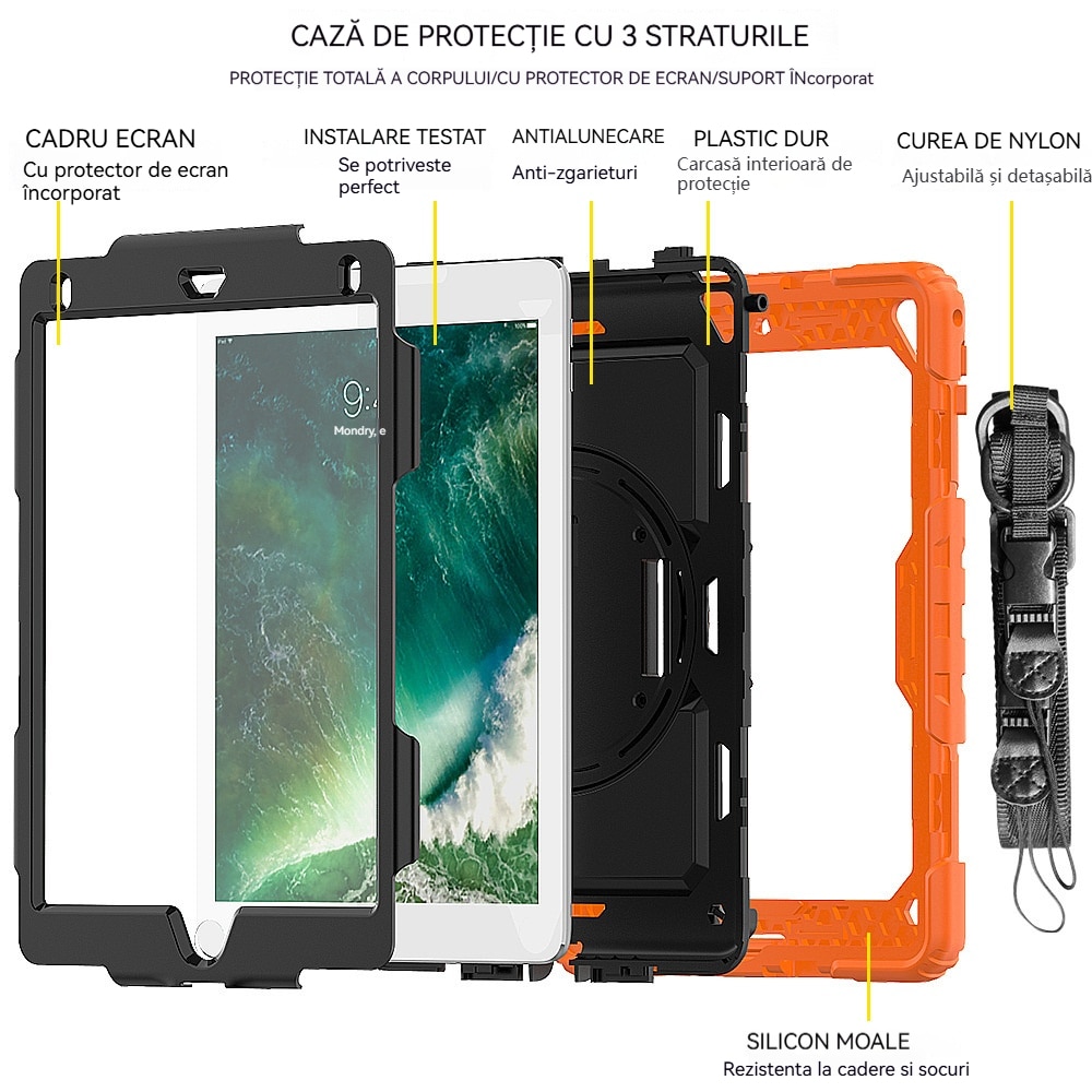 Husa Antisoc Cu Curea De Mana Pentru Samsung Galaxy Tab A9 De 8,7 inchi. (Model: SM-X115), Fudisenn，Cu capac pentru stilou，Rotire La 360°, procesul de gofrare，Portabil， 2023 (Negru PC Portocaliu)，26.8×17.9×2.1cm