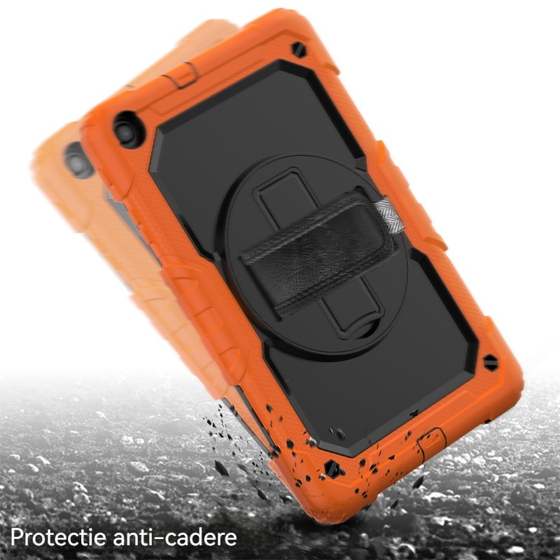 Husa Antisoc Cu Curea De Mana Pentru Samsung Galaxy Tab A9 De 8,7 inchi. (Model: SM-X115), Fudisenn，Cu capac pentru stilou，Rotire La 360°, procesul de gofrare，Portabil， 2023 (Negru PC Portocaliu)，26.8×17.9×2.1cm