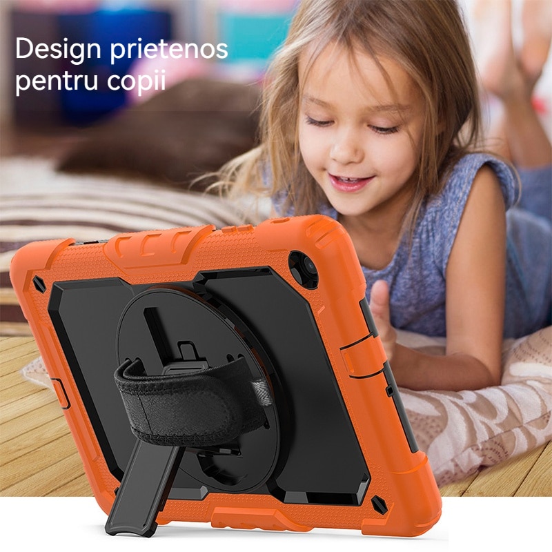 Husa Antisoc Cu Curea De Mana Pentru Samsung Galaxy Tab A9 De 8,7 inchi. (Model: SM-X115), Fudisenn，Cu capac pentru stilou，Rotire La 360°, procesul de gofrare，Portabil， 2023 (Negru PC Portocaliu)，26.8×17.9×2.1cm