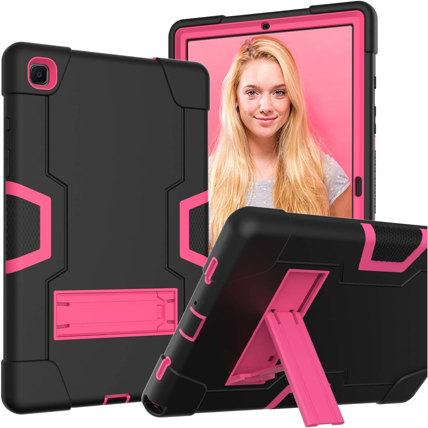 Etui pentru iPad Pro 12.9", cu suport si loc pentru stylus, 3 straturi de protectie, negru-roz, 12.9"