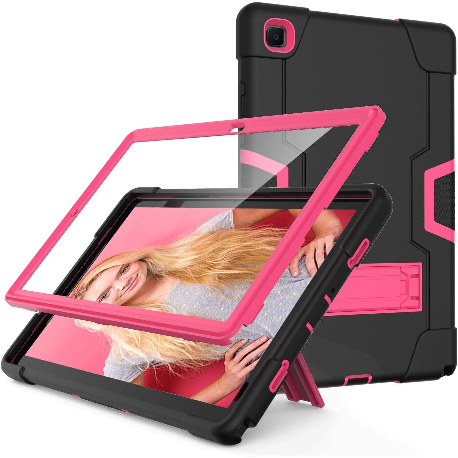 Etui pentru iPad Pro 12.9", cu suport si loc pentru stylus, 3 straturi de protectie, negru-roz, 12.9"