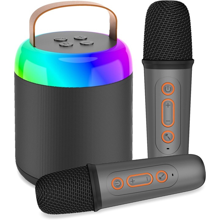 MOROVAN karaoke mikrofon és hangszóró készlet, 2 vezeték nélküli mikrofonnal, Bluetooth 5.3, felnőtteknek és gyerekeknek, 8 óra akkumulátor-üzemidő, 6 W 3D sztereó hang, RGB fények, 4 vokális effektus, bulikhoz és műsorokhoz, fekete
