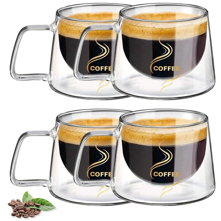 Set 4 cesti de Cafea din sticla termorezistenta, MOROVAN, pereti dubli, sticla borosilicata, rezistenta la caldura, design modern, 200 ml, Transparenta