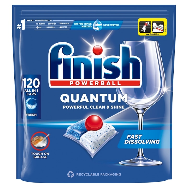 Капсули за съдомиялна машина Finish Quantum Fresh, 120 броя, защита на стъклото, действие при ниски температури