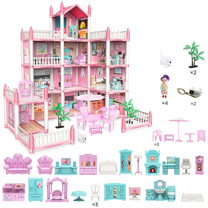 Къща за кукли, MOROVAN, 4 етажа, 11 стаи, 4 кукли, розова