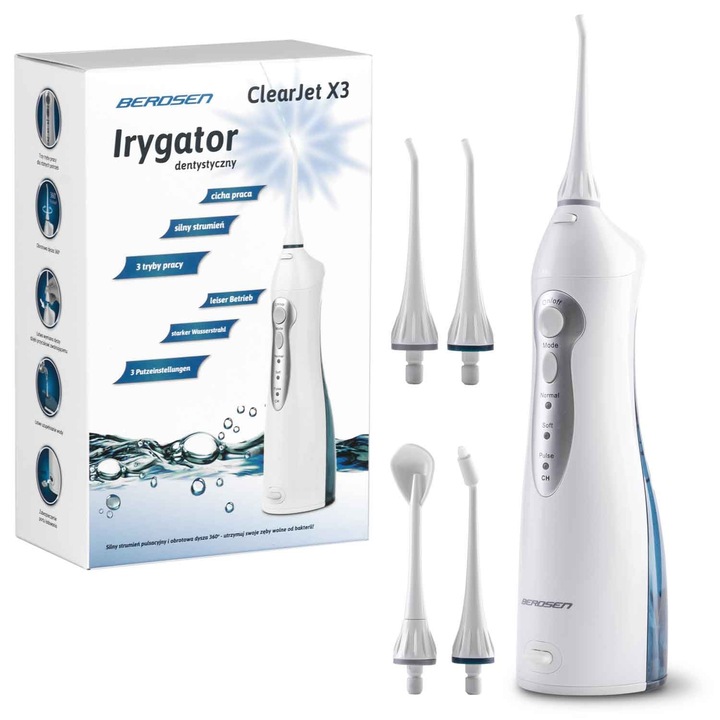 Irigator dentar fara fir Berdsen ClearJet X3, 3 moduri de lucru, 4 duze incluse, 150 ml, alb