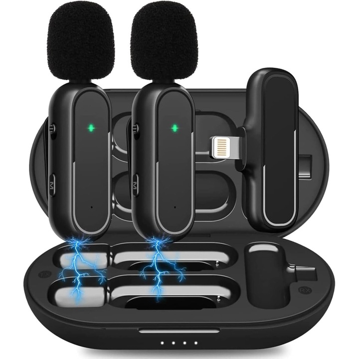 Безжичен микрофон за iPhone iPad 2 Pack, Plug-Play Noise Reduction Безжичен петличен микрофон с калъф за зареждане за запис, Микрофон за ревера за YouTube, Facebook поток на живо, интервю