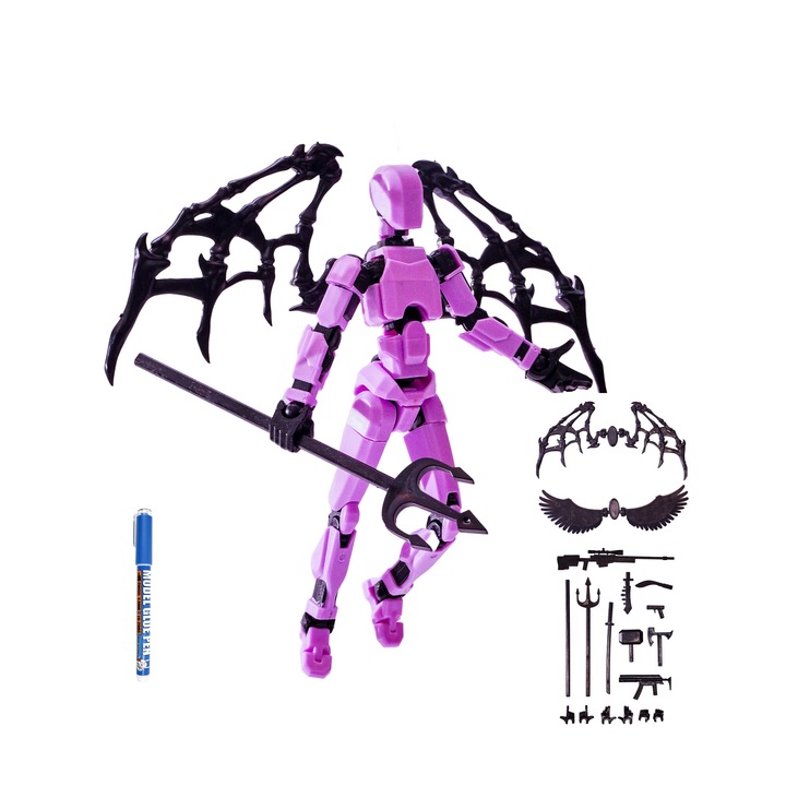 Set Deluxe (10 arme, suport, atasament magnetic, kit de reparatii), asamblate, figuri imprimate 3D, violet, decoratiuni creative pentru birou