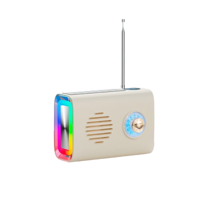 Difuzor portabil, Bluetooth 5.3, sunet stereo 2.0, audio de inalta definitie, iluminare RGB, cu doua microfoane, intrare TF/AUX, baterie de 1200 mAh, incarcare USB, alb