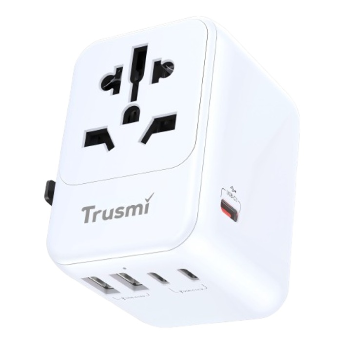 TRUSMI CH16-11 35W Plug & Network Charger Adapter, Mini és hordozható, univerzális, 2xUSB és 3xUSB-C, All in One, UK/US/EU/AU kompatibilis több mint 150 országban, figyelmeztető LED, gyors töltés intelligens Qualcomm QC 3.0, GaN chip, többszörös