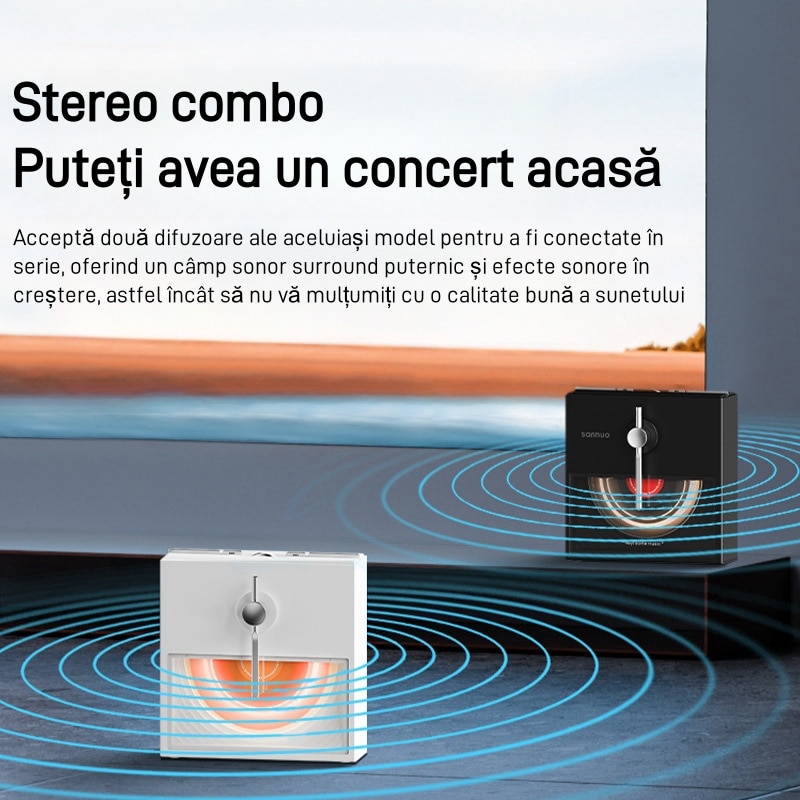 Difuzor Bluetooth retro, calitate sunet surround 360°, card TF, baterie de 1500 mAh, impermeabil IPX 8, port de incarcare tip C, alb