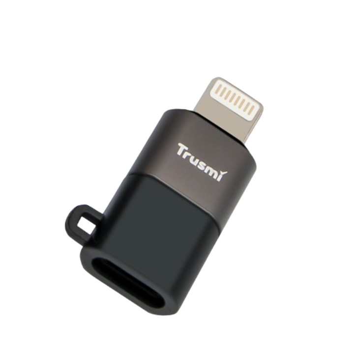 Adaptor OTG TRUSMI CA01-01 cu mufa de tip Light la USB-C, Plug & Play, incarcare 5V/2A, Transfer date, si Suport audio USB-C, Inel pentru prindere breloc, Compatibilitate Universala, Carcasa din ABS si Aliaj de Zinc, Gri