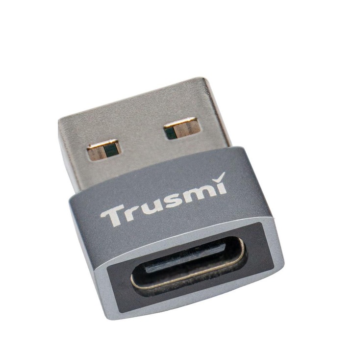 TRUSMI CA01-04 OTG adapter USB 2.0-USB-C csatlakozóval, Plug & Play, Töltés, Adatátvitel, USB-C audio támogatás, Univerzális kompatibilitás, Fém tok, Sötétszürke