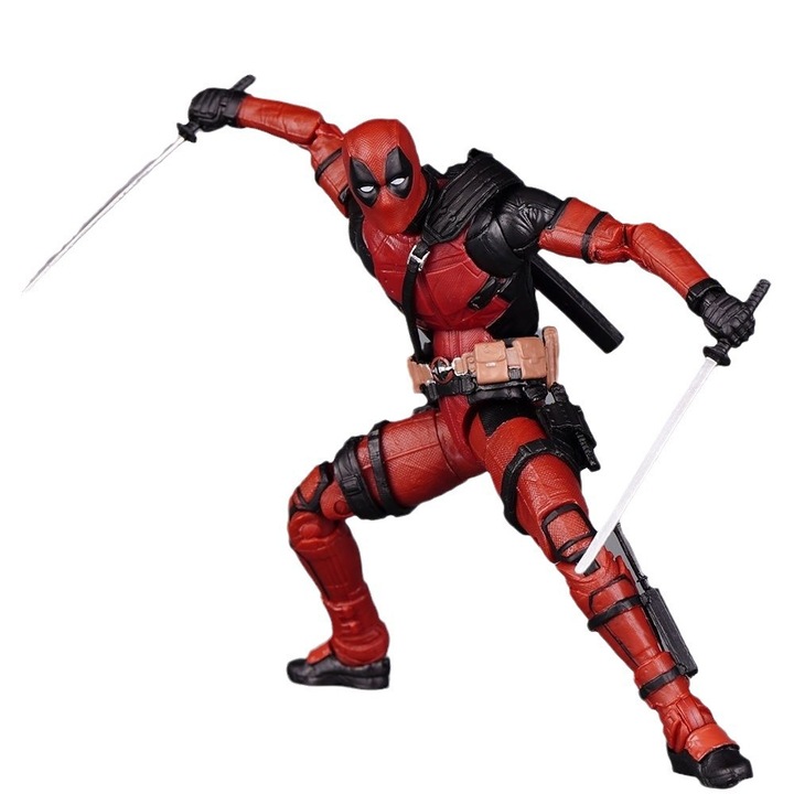 Deadpool figura, 6 hüvelykes, piros és fekete, cserélhető kiegészítőkkel