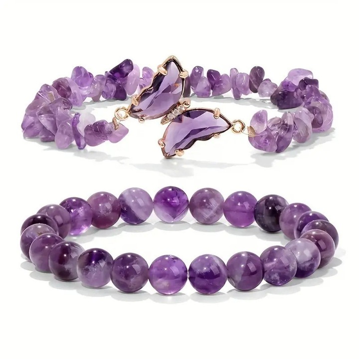 Bratari set 2 bratari pentru femei, bratari intinse cu margele de cristal naturale, bratari cu chakra fluture charms, ametist
