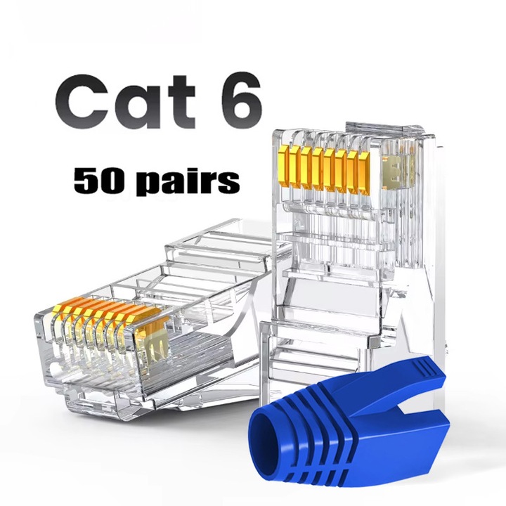 50 de perechi, Conectori Ethernet pas-through, cu boot-uri, transparent, 3-prong, pentru cablu solid si standard