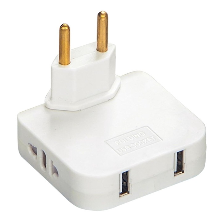 180° forgatható hármas elosztó 2 konnektorral és 2 USB csatlakozóval Techstar®, 2500W, fehér – Ideális szűk terekhez