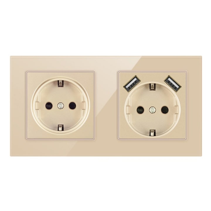 Двустенен контакт с 2 USB порта и стъклен панел Techstar® TS-G, 110-250V, 16A, огнеупорен, 80x151 mm, златен