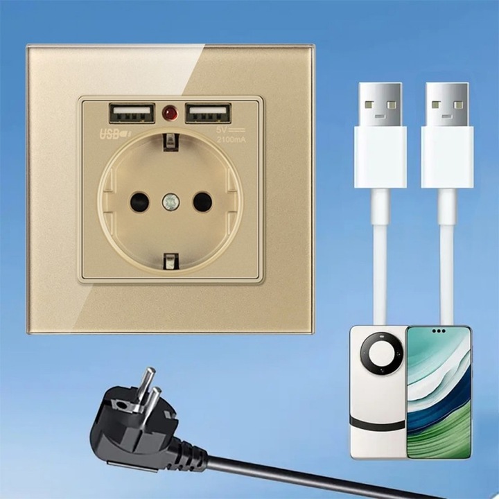Fallosztó 2 USB-csatlakozóval és Techstar® TS-GL üvegkerettel, 110-250V, 16A, tűzálló, 86x86mm, arany színű