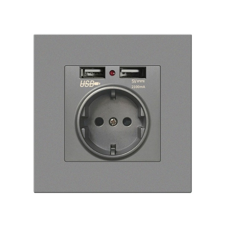 Falati konnektor 2 db USB csatlakozóval, Techstar® TS-PC, 110-250V, 16A, tűzálló, 86x86mm, szürke