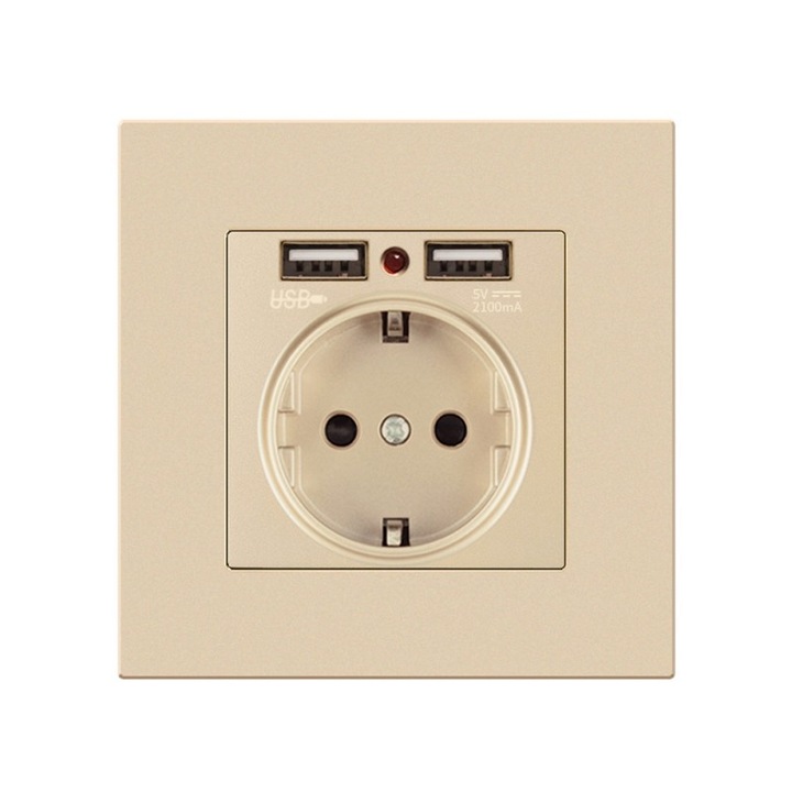 Techstar® TS-PC 2 USB-portos fali aljzat, 110-250V, 16A, tűzálló, 86x86mm, arany
