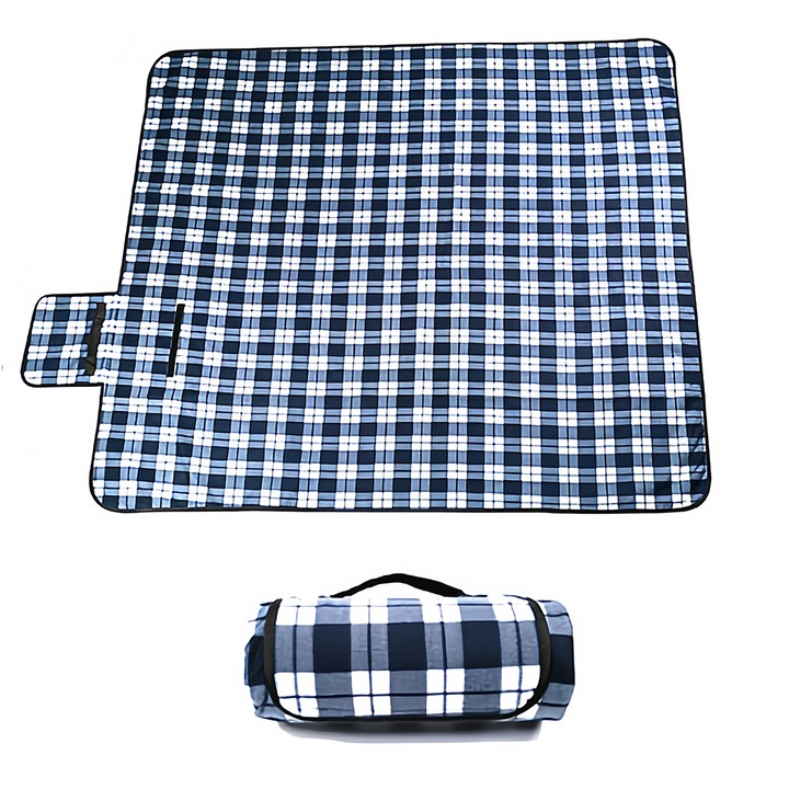 Синьо одеяло за пикник 150 x 130 см, плажно одеяло, водоустойчиво, без пясък, изолирано, сгъваема плажна постелка, одеяло за пикник, одеяло за баня за къмпинг, паркове, плажове, пикник