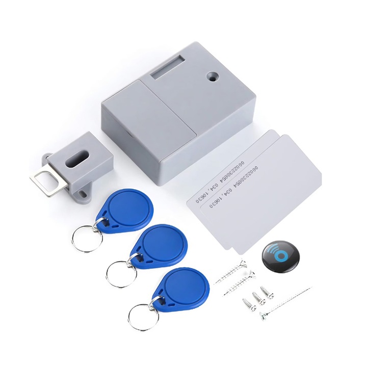 Yala inteligenta digitala Rqiurpn, mini, fara cheie, pentru sertare si dulapuri, 2 carduri, 3M adeziv, neagra