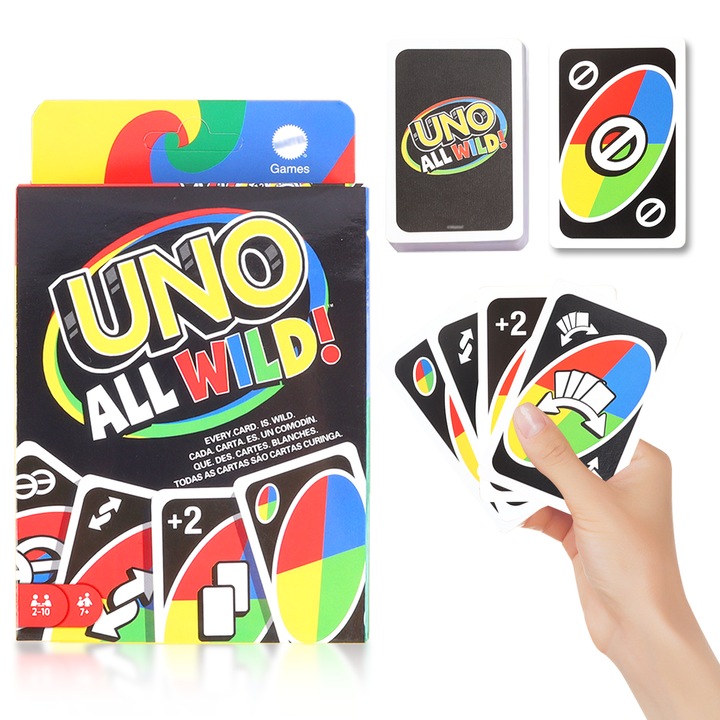 Комплект карти за игра UNO-ALL WILD, настолна игра UNO, 2-10 играча, 7 години+, за деца или възрастни, многоцветна