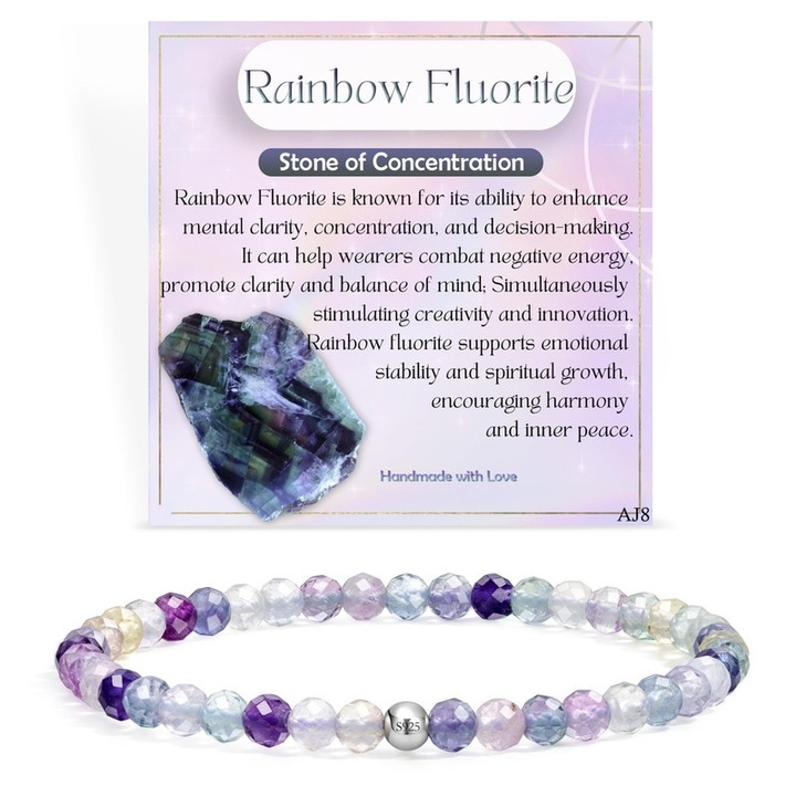 Bratara din cristale naturale, bratara pentru chakre, Fluorit curcubeu (piatra de concentrare), violet