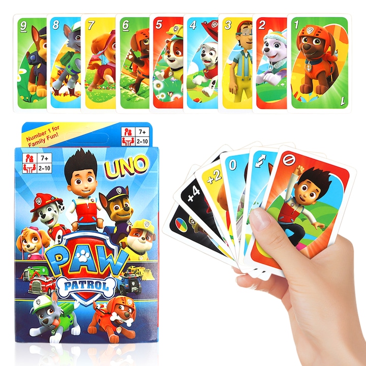 Комплект карти за игра Paw Patrol UNO, настолна игра Paw Patrol UNO, 2-10 играча, 7 години+, за деца или възрастни, многоцветна