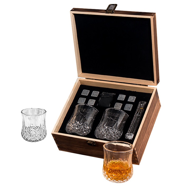 Whisky pohár készlet hűtőkövekkel, MOROVAN, 2 pohár, 8 gránit kő, fadoboz