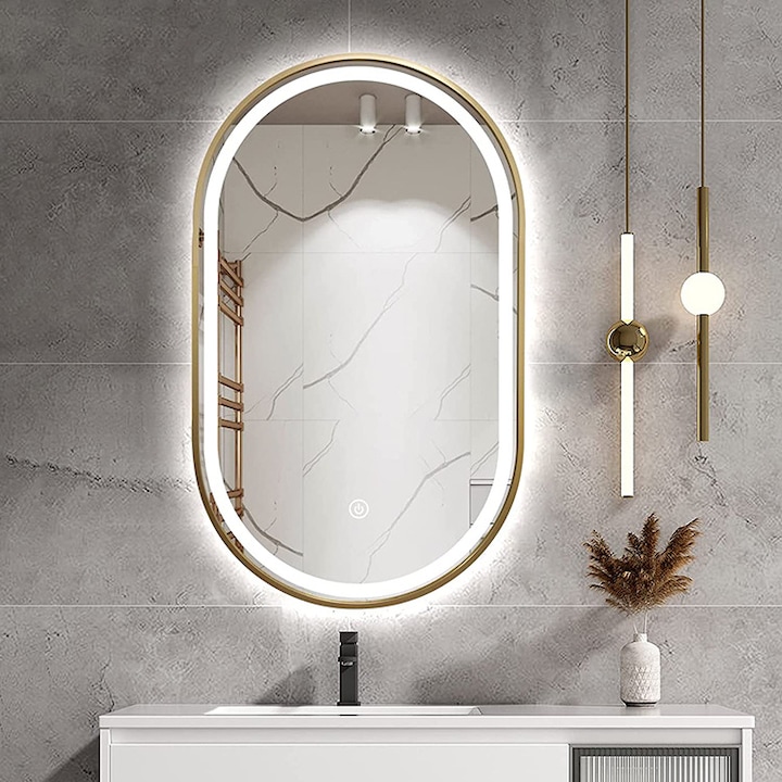 LED огледало за баня, 50х80 см, тактилно осветление, екологично стъкло, гланц