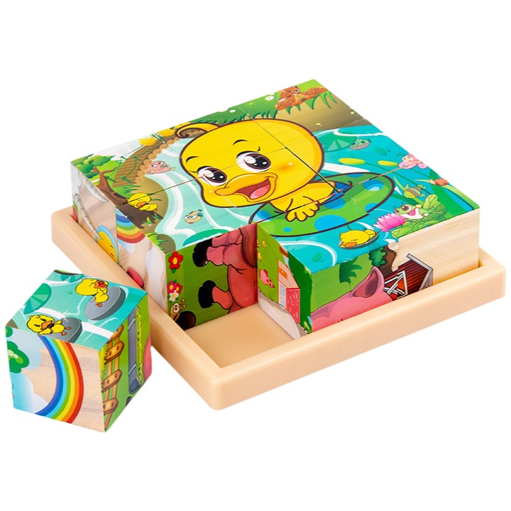 Puzzle 3D din lemn, set cu suport, 10.5x10.5x3.5cm