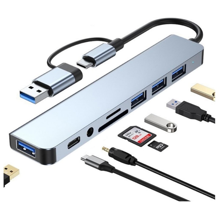 USB 3.0 и USB-C хъб, AjieQaQ, 8-в-1, 1x USB 3.0, 4x USB 2.0, сребрист