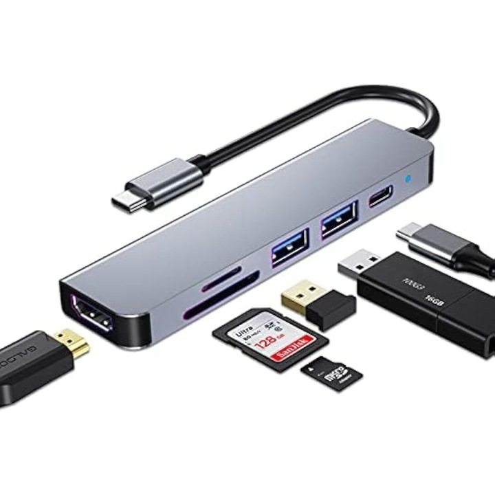 USB C 6 в 1 хъб, MOROVAN, 4K HDMI, USB 3.0, SD/TF четец на карти, 100W PD, съвместим с лаптопи и устройства Type-C
