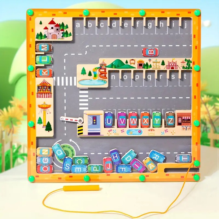 Montessori ábécé fából készült mágneses labirintus, oktatójáték, parkoló téma, 30x30cm