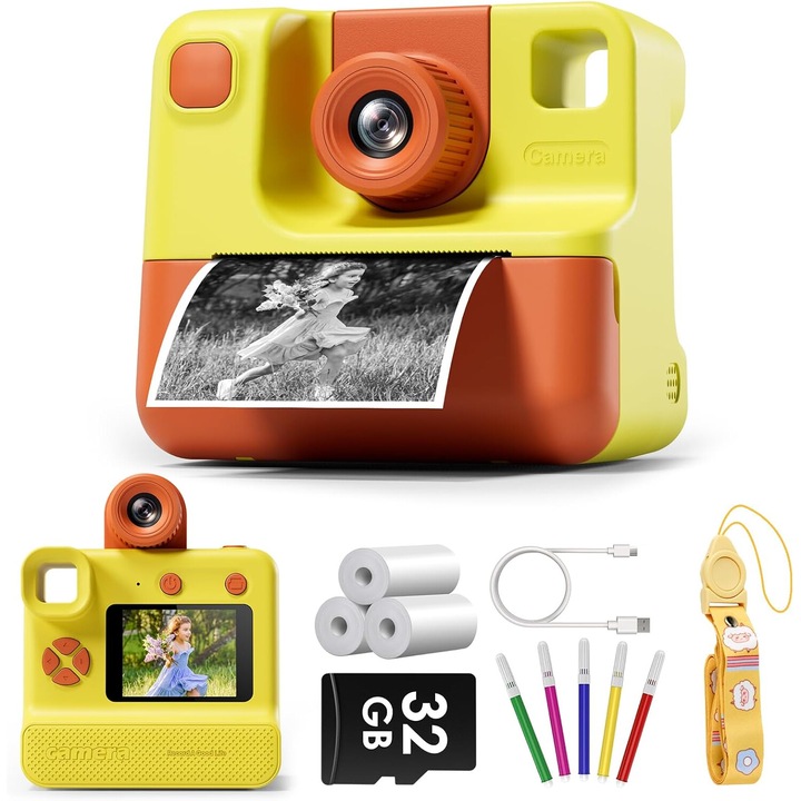 Моментна камера за деца, WALALLA, 2 инча, 180° ротация, 10x увеличение, 32GB, жълта, комплект от 3 хартии за печат